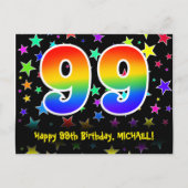 99歳の誕生日おめでとう：楽しいスターパターン、虹99、名前 ポストカード (正面)