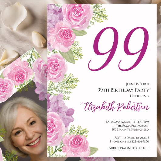 99歳の誕生日をお祝いするカスタムフォトテンプレート ピンクのバラ 招待状