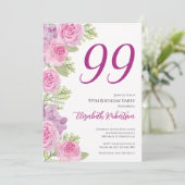 99歳の誕生日をお祝いするカスタムフォトテンプレート ピンクのバラ 招待状 (スタンド正面)