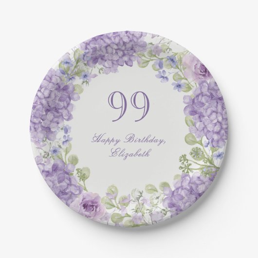 99歳の誕生日を祝うエレガントな紫の花の紙皿 ペーパープレート (正面)