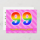 99歳の誕生日：ピンクのストライプとハート、虹色の99 ポストカード (正面/裏面)