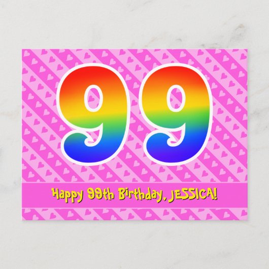 99歳の誕生日：ピンクのストライプとハート、虹色の99 ポストカード (正面)