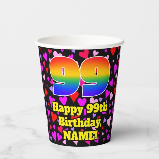 99歳の誕生日: ラブリー ハート柄 レインボー99 紙コップ (裏面)