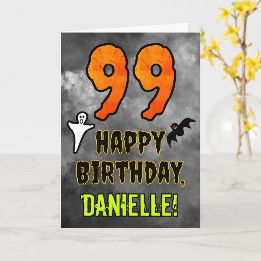 99歳の誕生日:不気味なハロウィンのテーマ + オーダーメイドの名前 カード (黄色い花)