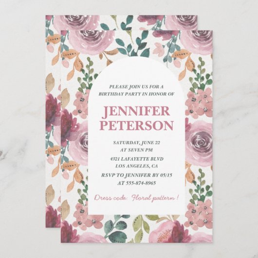 99歳エレガントの誕生日招待状フローラボホピンク 招待状 (正面/裏面)