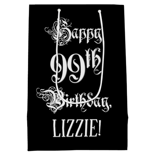 99番目の誕生日: ファンシー、スクリプエレガントト+名前をカスタムする ミディアムペーパーバッグ (裏面)
