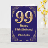 99誕生日ネイビーブルーと金ゴールドグリッターフレーム カード (黄色い花)