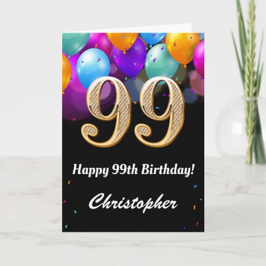 99誕生日ブラック&金ゴールドバルーン カード (正面)