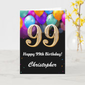 99誕生日ブラック&金ゴールドバルーン カード (黄色い花)