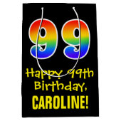 99誕生日:おもしろいはっきりした、カラフルレインボー「99」 ミディアムペーパーバッグ (正面)
