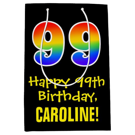 99誕生日:おもしろいはっきりした、カラフルレインボー「99」 ミディアムペーパーバッグ (正面)
