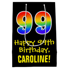99誕生日:おもしろいはっきりした、カラフルレインボー「99」 ミディアムペーパーバッグ