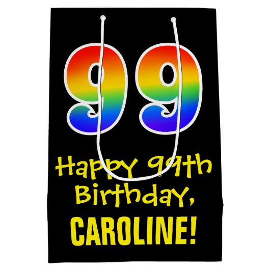 99誕生日:おもしろいはっきりした、カラフルレインボー「99」 ミディアムペーパーバッグ (裏面)