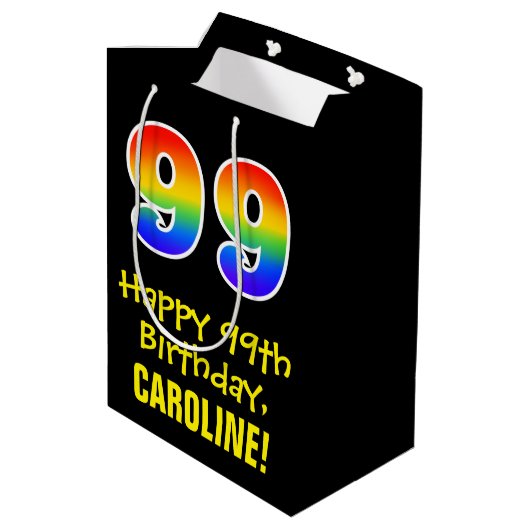 99誕生日:おもしろいはっきりした、カラフルレインボー「99」 ミディアムペーパーバッグ (裏面アングル)