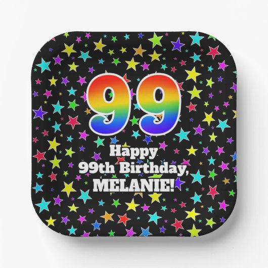 99誕生日:おもしろいスター柄と虹"99" ペーパープレート (正面)