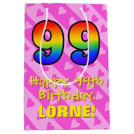 99誕生日:おもしろいピンクのハートストライプ; Rainbow 99 ミディアムペーパーバッグ