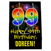 99誕生日:おもしろい花火パターン+虹99 ミディアムペーパーバッグ (裏面)