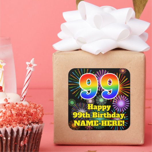 99誕生日:おもしろい花火ルック、レインボー# 99 Sq スクエアシール (パーティー)