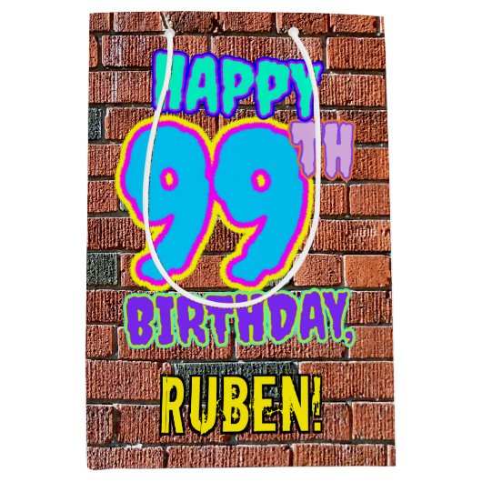 99誕生日:おもしろい、アーバングラフィティインスパイアルック ミディアムペーパーバッグ (正面)