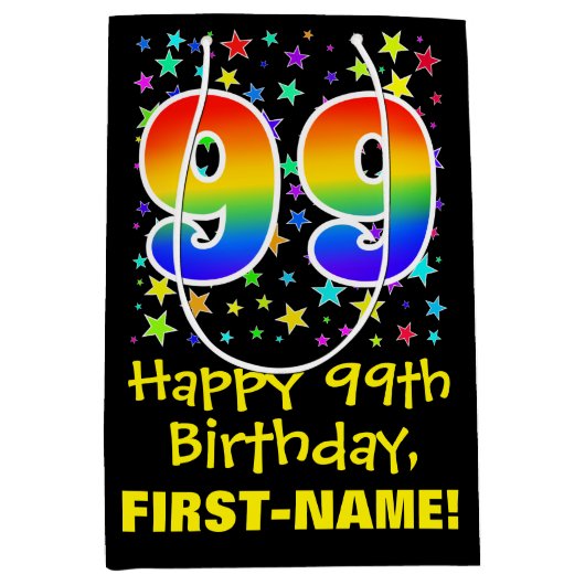 99誕生日:カラフルスターズパターン&レインボー99 ミディアムペーパーバッグ (正面)