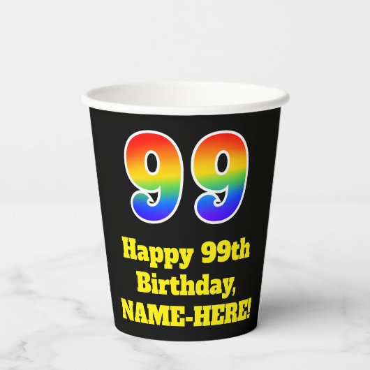 99誕生日:カラフル,おもしろい，エキサイティング， Rainbow 99 紙コップ (裏面)
