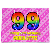 99誕生日：ピンクストライプのハート、レインボー# 99 ラージペーパーバッグ (正面)