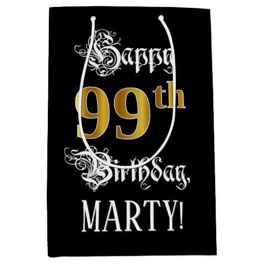 99誕生日~ファンシースクリプト;フェイク金ゴールド検索;名前 ミディアムペーパーバッグ (正面)