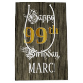 99誕生日:フェイク金ゴールドルック&ウッドフェイクパターン ミディアムペーパーバッグ (正面)