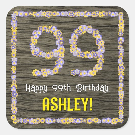 99誕生日:フローラ番号フェイク、木目、名前 スクエアシール (正面)