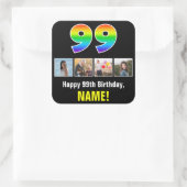 99誕生日:レインボー「99」、写真カスタムと名前 スクエアシール (バッグ)