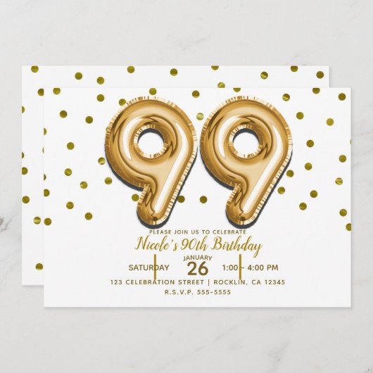 99金ゴールドバルーン&紙吹雪99th誕生日パーティー 招待状 (正面/裏面)