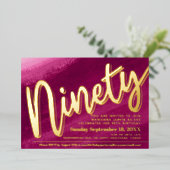 990th誕生日パーティー金ゴールド赤ピンクの洗剤 箔招待状 (立ち正面)