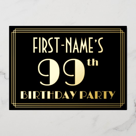 99th誕生日パーティー:アールデコ見る"99",名前と 箔招待状 (正面)