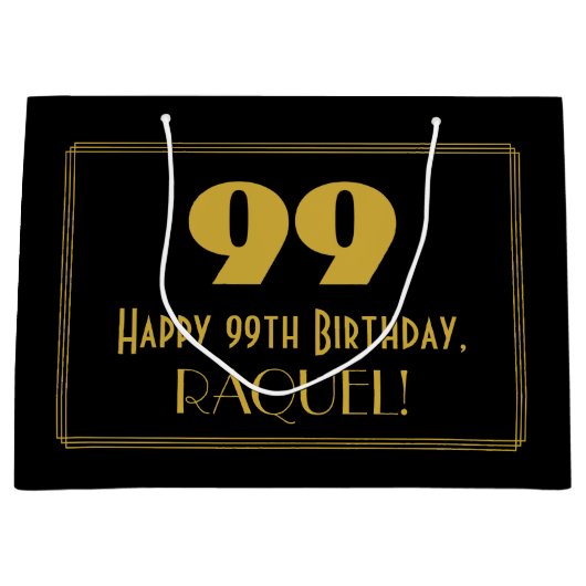 99th誕生日—インスパイアアールデコ「99」と名前 ラージペーパーバッグ (正面)