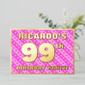 99th Birthday Party —おもしろいピンクのハートとストライプ 箔招待状 (立ち正面)