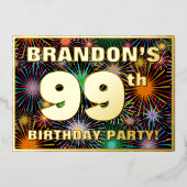 99th Birthday Party —おもしろい、カラフルFireworks Look 箔招待状 (正面)