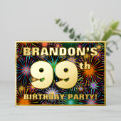 99th Birthday Party —おもしろい、カラフルFireworks Look 箔招待状 (立ち正面)