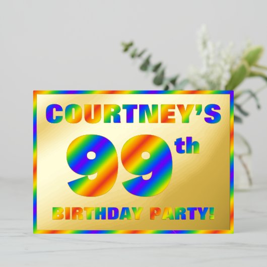 99th Birthday Party —おもしろい、レインボースペクトル「99」 箔招待状 (立ち正面)