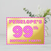99th Birthday Party —はっきりした、おもしろい、ピンクストライプ色99 箔招待状 (立ち正面)