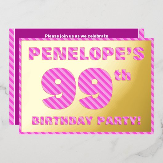 99th Birthday Party —はっきりした、おもしろい、ピンクストライプ色99 箔招待状 (正面/裏面)