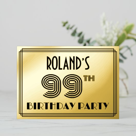 99th Birthday Party —アールデコスタイル「99」 & Name 箔招待状 (立ち正面)