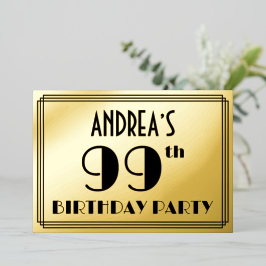 99th Birthday Party —アールデコルック「99」 +名前 箔招待状 (立ち正面)