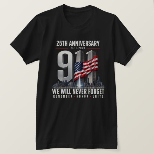 9/11 25周年記念日 忘れない 2001-2026 Tシャツ (デザイン正面)