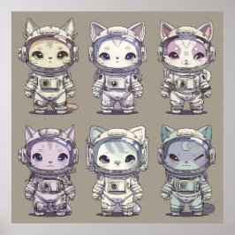 9 Chibi Astronaut Kittens Space Crew ポスター