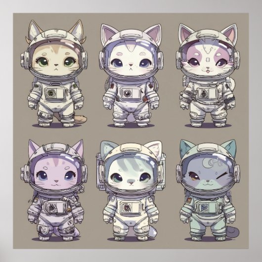 9 Chibi Astronaut Kittens Space Crew ポスター (正面)