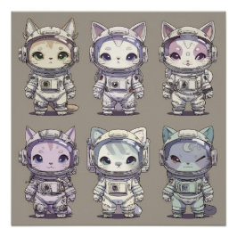 9 Chibi Astronaut Kittens Space Crew ポスター