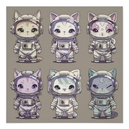 9 Chibi Astronaut Kittens Space Crew ポスター (正面)