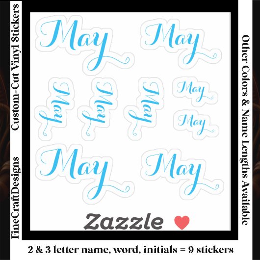 9 Custom Name Word, 2-3 letters Elegant Script Blu シール