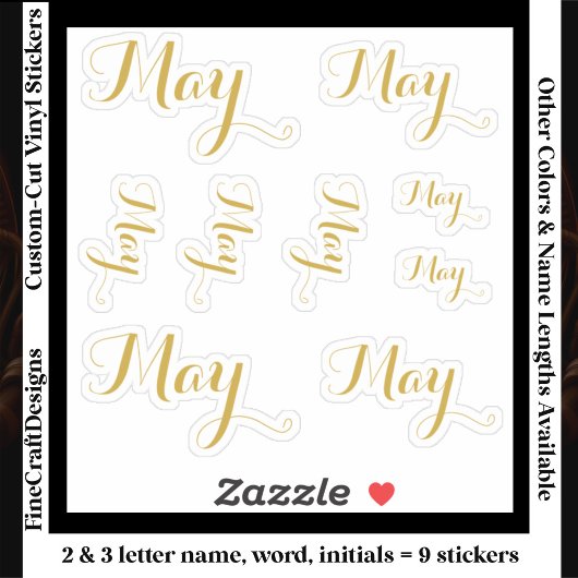 9 Custom Name Word, 2-3 letters Elegant Script Gld シール