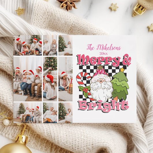9 Photo Checkered Merry & Bright Christmas シーズンカード